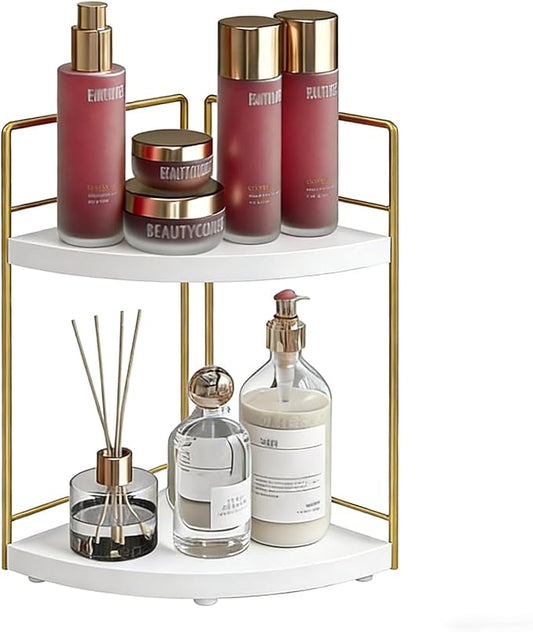 Bathroom Countertop Organizer, 2 Tier Wood Bathroom Counter Organizer, Vanity Organizers Corner Shelf for Makeup, Perfume, Skincare,Bedroom and Kitchen Storage (2 Tier,White and Gold)