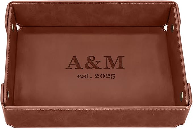 Engraved PU Leather Valet Tray – Personalized Light Coffee Catchall with Custom Name – Organizer for Keys, Wallet, Jewelry – Meaningful Gift for Couples, Home, Office