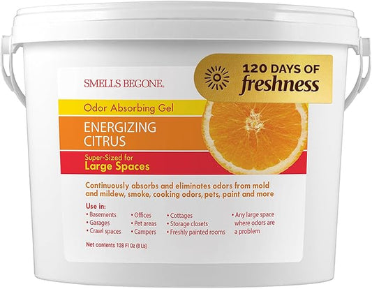 SMELLS BEGONE 1-Gallon Gel Odor Eliminator – High-Capacity, Long-Lasting Absorber for Large Basements, Garages, Workshops & Commercial Areas – Remove Tough Odor with Essential Oils (Energizing Citrus)