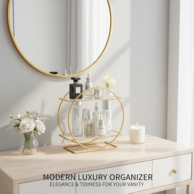 MLVOC Gold Makeup Organizer Countertop, Skincare Organizer with Gold Finish, Durable Metal Storage for Bathroom or Bedroom Vanity, Tall Spacious Design for Large Bottles