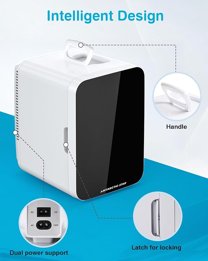 Antarctic Star Compact Mini Fridge, 10L Portable Small Refrigerator, 2.6 Gal Mini Fridge with AC/DC Adapters, Small Cosmetics Cooler for Beverage, Food, Makeup, Bedroom, Office, Dorm, White