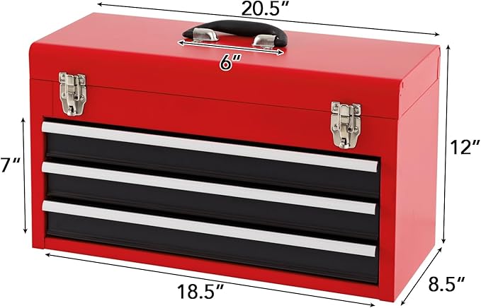 Portable Tool Box, 3-Drawer Tool Chest with Carry Handle, 2 Metal Latches & Liner, Metal Tool Box Storage Box Organizer for Garage, Warehouse & Repair Shop (Black+Red)