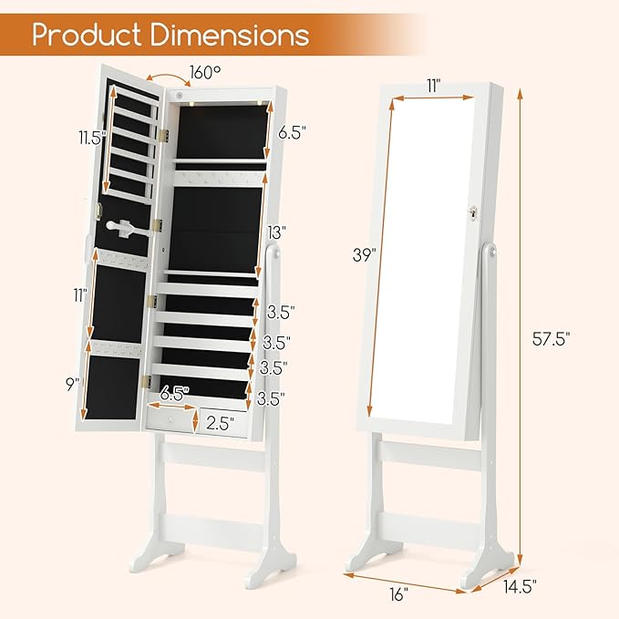 Giantex Standing Jewelry Armoire, Lockable Jewelry Cabinet with Full Length Mirror, LED Lights, 4 Tilt Angle Adjustable, Mirror with Jewelry Storage, Standing Jewelry Organizer with Drawers, White