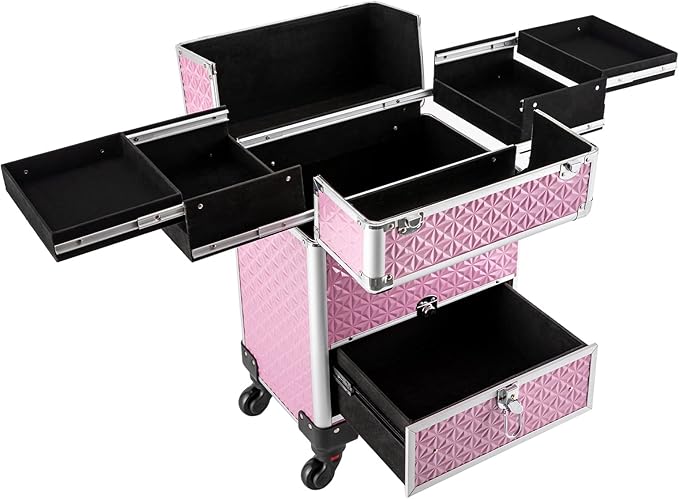 Makeup Rolling Case, Professional Rolling Nail Case Wheeled Manicure Storage Case Polish Organizer w/ Universal Wheels, Portable Adjustable Studio Travel Cart for Nail Technicians Hairstylist (Pink)