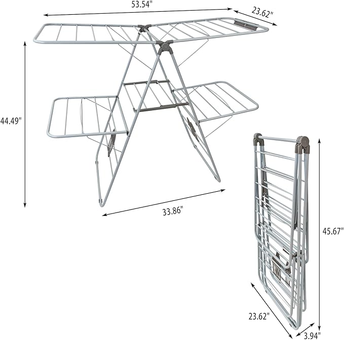 Clothes Drying Rack, Foldable 2-Level Laundry Racks for Drying Clothes Rack,Stainless Steel Drying Rack Clothing Collapsible for Indoor Outdoor,with Height-Adjustable Wings,Gray