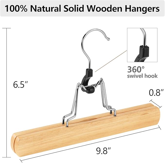 AMKUFO 12 Pack Natural Wooden Pants Hangers with Clips Non Slip Skirt Hangers Trouser Clamp Hanger Solid Wood Hanger with 360° Swivel Hook