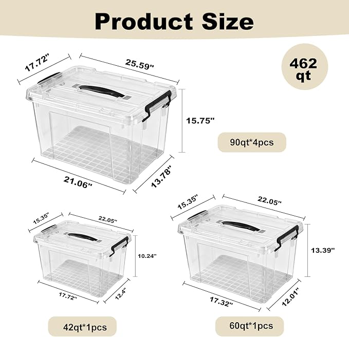 462QT Clear Storage Bins with Lids (4 Pack-90 QT, 1 Pack-60 QT, 1 Pack-42 QT), Stackable Plastic Organizer for Home, Office, Garage, BPA-Free, Heavy-Duty with Secure Latches & Handles