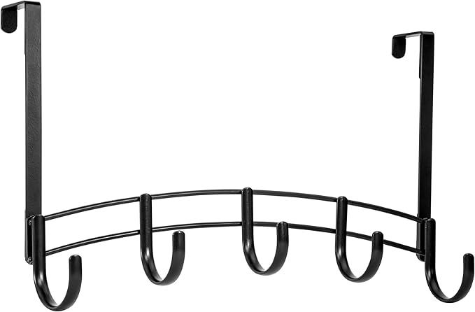 LYNK Professional® Home™ Over The Door Hooks - 5 Hook Over The Door Hanger - Over Door Coat Rack - Hanging Towels or Clothes - Bathroom, Bedroom or Laundry Room - Lifetime Ltd. Warranty – Black