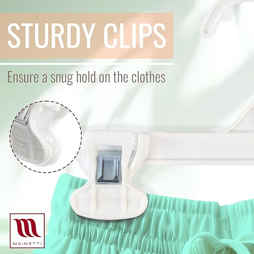 Mainetti 6108PWS50 White All Plastic Hangers - 50 Pack with Sturdy Plastic Non-Slip Clips, Great for Pants/Skirts/Slacks/Bottoms, 8 Inch