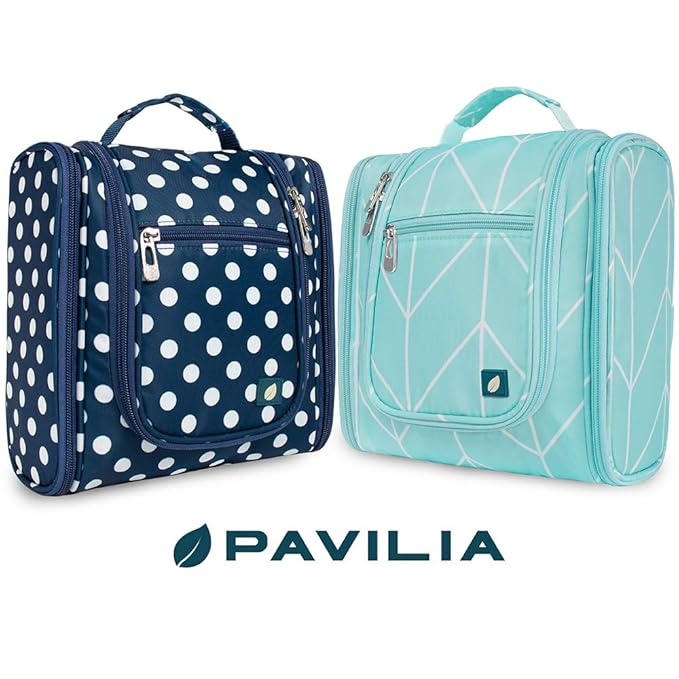PAVILIA Toiletry Bag Travel Bag for Women Men, Hanging Cosmetic Organizer, Water Resistant Makeup Bag for Accessories Toiletries, Large Travel Essentials Kit (Navy Polka Dot)