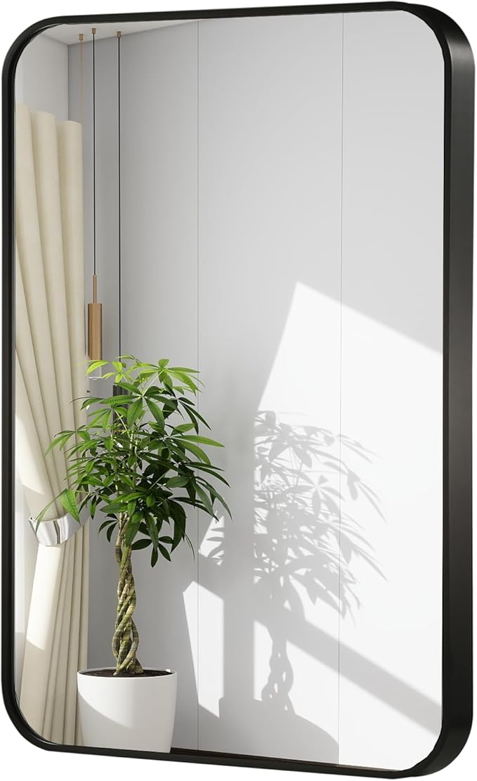 24x32 Inch Black Wall Mirror for Bathroom, Brushed Metal Framed Mirror with Rounded Corner, Rectangle Bathroom Vanity Mirror for Bedroom or Living Room, Horizontal/Vertical