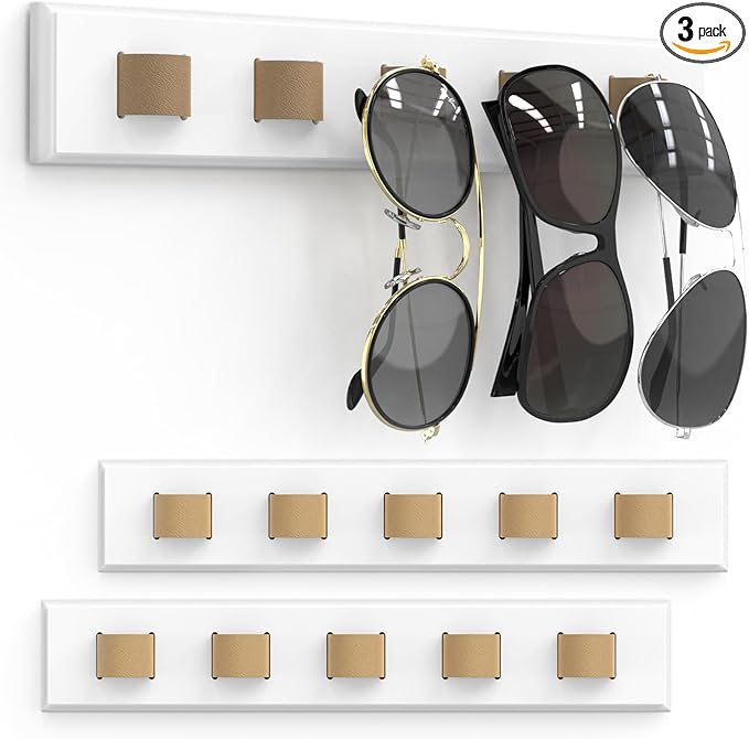 3 Pack Sunglass Organizer, Wall Mounted Sunglasses Organizer, Wooden Glasses Holder Sunglass Holder, Sunglasses Rack for Hanging Your Multiple Eyeglasses, for Wall, Home Decor(White)