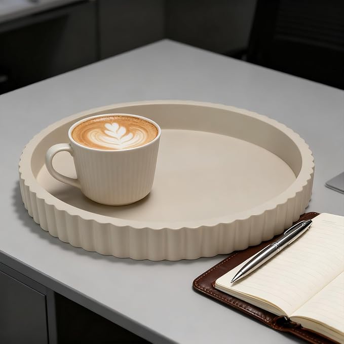 Decorative Tray for Coffee Table, 12'' Resin Modern Decorative Tray for Home Decor, Elegant Table Centerpiece Cream White Round Fluted Serving Vanity Tray for Bathroom Kitchen Living Room Decor