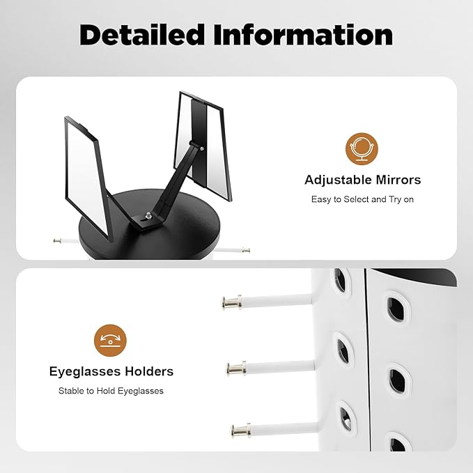 Rotating Glasses Display Stand Sunglass Holder, 44 Pairs Glasses Display Organizer with Mirror, Commercial Countertop Sunglasses Display Rack Sunglasses Holder Organizer (Round)