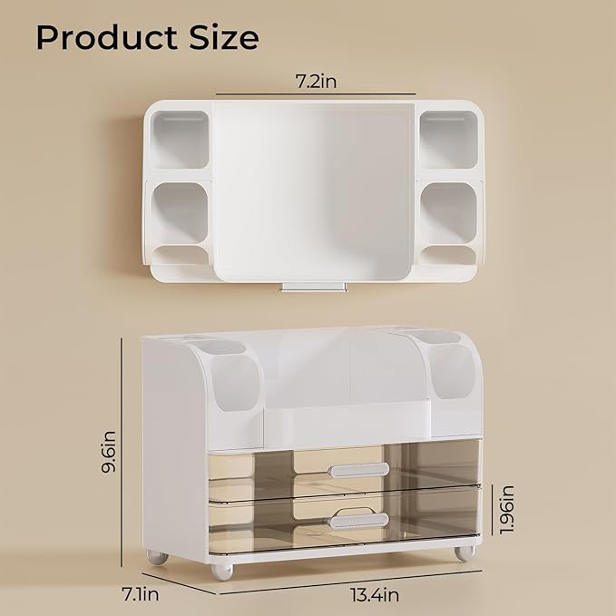 Makeup Organizer for Vanity with 2 Large Drawers, Cosmetic Display Case with Brush Holders, Easy to Storage for Bathroom Countertop Skincare, Desk Office Supplies, White