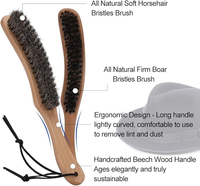 Hat Brush Combo Kit - Horsehair Felt Hat Brush Clean Cowboy Hat, Fedora Hat & Baseball Cap, Boar Bristle Lint Brush Remove Pet Hair Dust for Suits, Suede, Clothes & Furniture, Beech Handle - 2 Pack