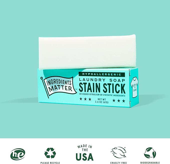 Ingredients Matter Stain Stick - Stain Remover Stick Made from Laundry Soap - HE/Hypoallergenic Stain Remover - Natural, Detergent Free, Planet-Friendly - Made in the USA - 2.4oz