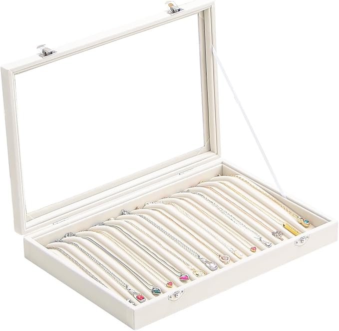 14 Hooks Necklace Storage Tray, Velvet Neckalce Organizer Box with Clear Lid, Pendant Chain Necklace Jewelry Organizer Drawer Tray for Women Girls (Beige)
