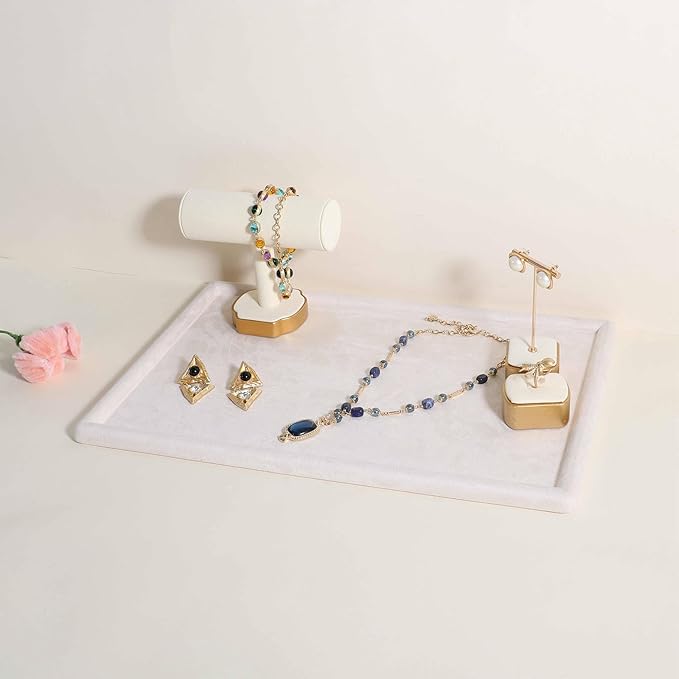 Rectangle Jewelry storage organizer plate, Velvet Jewerly display tray, Empty showcase tray for Necklace Bracelet Ring Earring【Beige-Large, 17.7 x 11.8 in 】