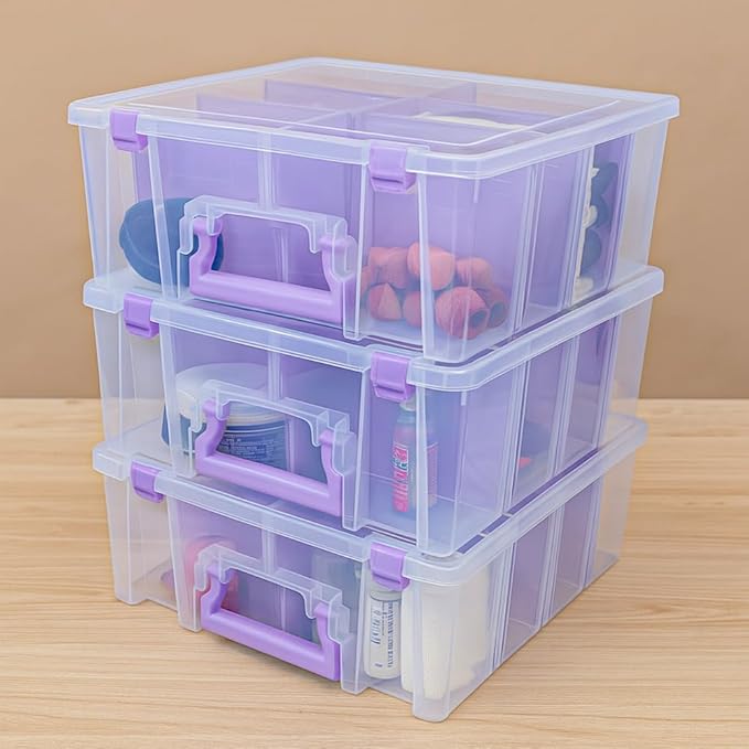 ArtBin Super Satchel Double Deep Compartment Box with Purple Accents in a 3 Pack - Art Storage with 8 Removable Compartments, Smart Closure for Craft Supplies (Purple - Pack of 3)