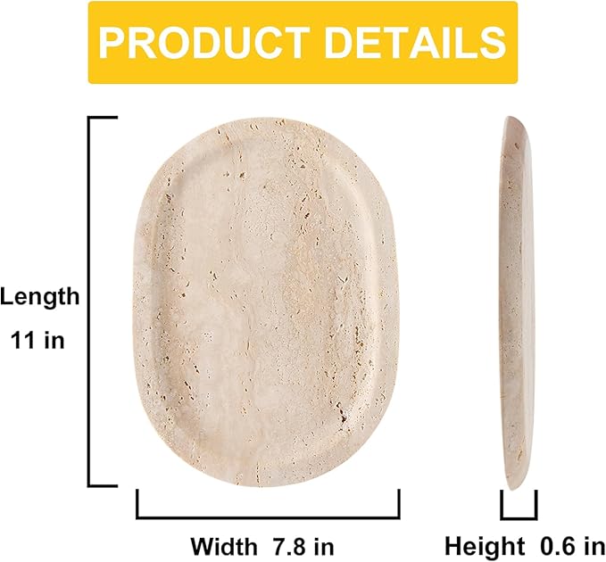 Natural Marble Decorative Tray Bathroom Counter Perfume Organizer Vanity Tray for Home Decor, Jewelry Candle, Coffee Table, Soap Holder Dresser Countertop Accessories 8"x11" Travertine