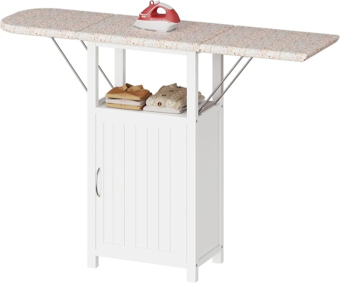 Ironing Board with Storage Cabinet, Folding Ironing Board with Extra Storage, Solid Wood Fold Down Ironing Station with Heat-Resistant Sponge for Small Spaces, Laundry Room (Antique White)