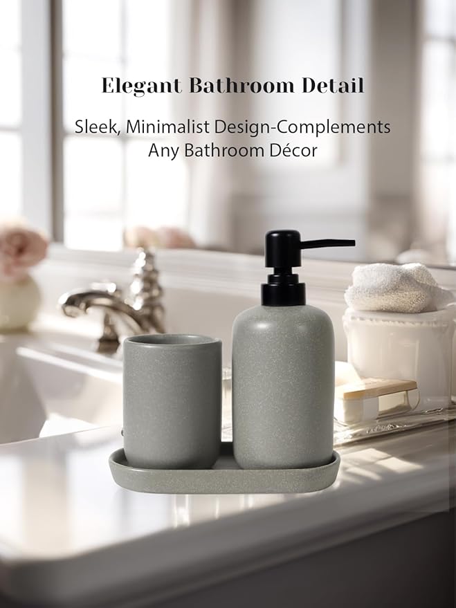 INGOFIN 3 Pcs Ceramic Bathroom Accessory Set - Liquid Soap Dispenser, Toothbrush Holder & Tray, Bathroom Counter Set, Countertop Essentials for Home, Guest Bathroom, or Office Use, Grey