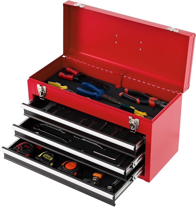 IRONMAX Portable Tool Box, 20.5’’ Lockable Steel Tool Chest Cabinet w/Comfortable Handle & 3 Drawers, Heavy Duty Storage Toolbox Tool Organizer for Garage, Warehouse, Home (Black+Red)