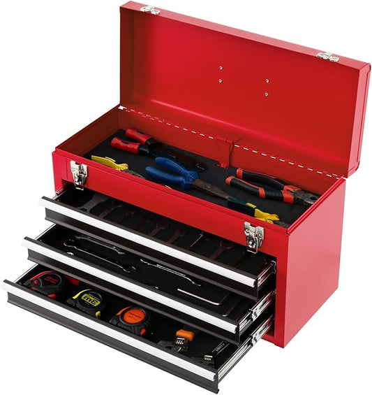 IRONMAX Portable Tool Box, 20.5’’ Lockable Steel Tool Chest Cabinet w/Comfortable Handle & 3 Drawers, Heavy Duty Storage Toolbox Tool Organizer for Garage, Warehouse, Home (Black+Red)
