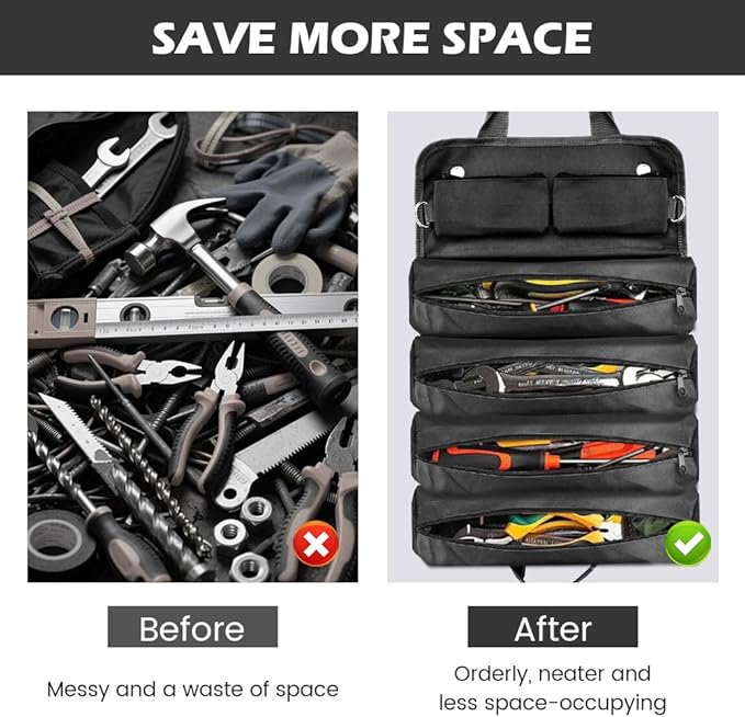 Roll-Up Tool Bag Heavy-Duty Waterproof - 4 Compartments & 2 Detachable Pouches | Compact Tool Organizer for Mechanics, RV & Motorcycle Storage, Handyman & Electricians (Black, Large)