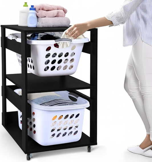 Laundry Basket Holder Shelf – Stackable Engineered Wood Laundry Tower, Tiered Hamper Organizer for Bathroom, Bedroom, Closet (Black, 2 Tier)