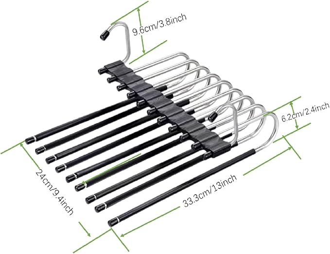 2Pack 9 Layers Foldable Pants Hangers Space Saving Trouser Hanger Multifunctional Trouser Rack Hanger Hanging Hole for Wardrobe Trousers Scarf Jeans (Black)