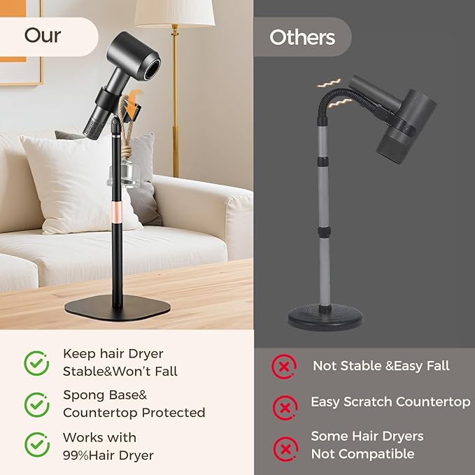 Hair Dryer Stand Holder, Hands Free Hair Dryer Stand with 360 Degree Rotating, Height Adjustable Countertop Blow Dryer Holder, Drubale Dryer Stand Works for 99% Blow Dryer