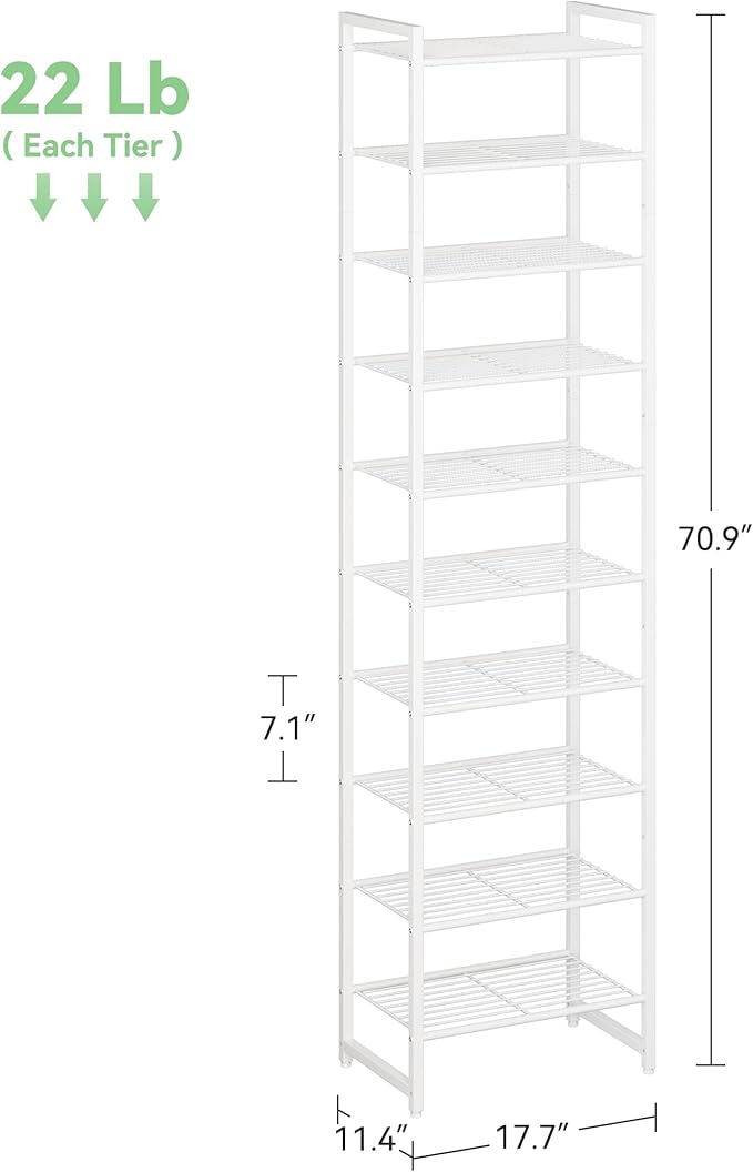 Narrow Shoe Rack, 10-Tier Metal Shoe Organizer,Tall Shoe Shelf with Anti-Tip Strap, Max Holds 20 Pairs,Space Saving for Closet,Entryway,White