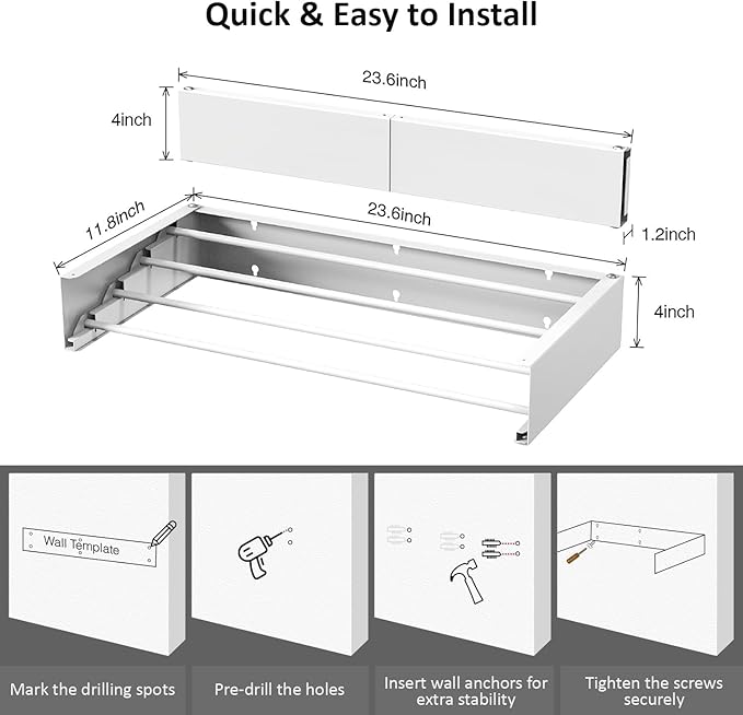 Laundry Drying Rack, Collapsible Wall Mounted Clothes Drying Rack - Drying Rack Clothing Foldable,Space Saving, 31.6" Wide, 13.2 Linear Ft, 5 Aluminum Rods, 60 lb Capacity (White, 31.6")
