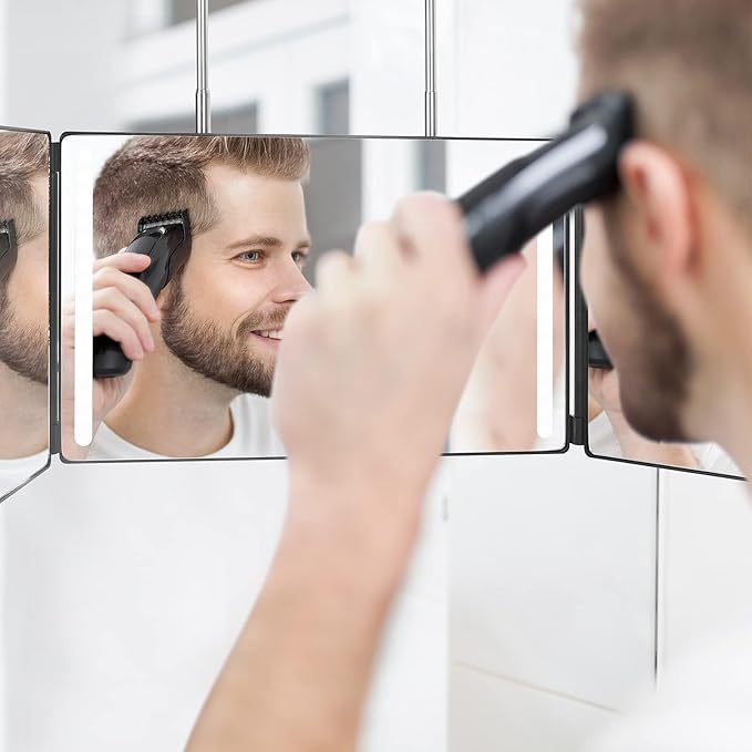 Dripex 3 Way Mirror with Led Lights for Men or Women, 360° Trifold Self Haircut Mirror with Height Adjustable Hooks, for Makeup, Styling, Shaving, Braiding, Dye Hair (Black with Led)
