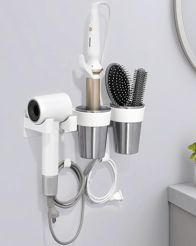 Hot Tools Organizer, Hair Tool Organizer Wall Mount Aluminum Alloy, Space-Saving Curling Iron Holder for Vanity & Bathroom with Stainless Steel Cups White CHOCHOYAH