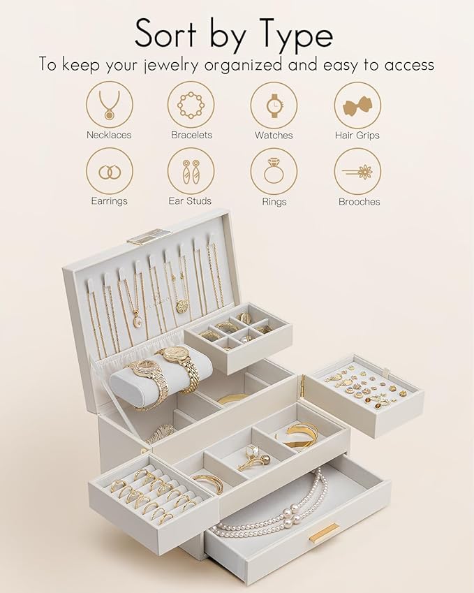 Vlando 3 Layer Jewelry Box - Women Jewelry Box with Retractable Tray - Jewelry Organizers with Drawer for Necklaces, Rings, Bracelets, Earrings, Valentines Gift for Mom Girls - Cloud White