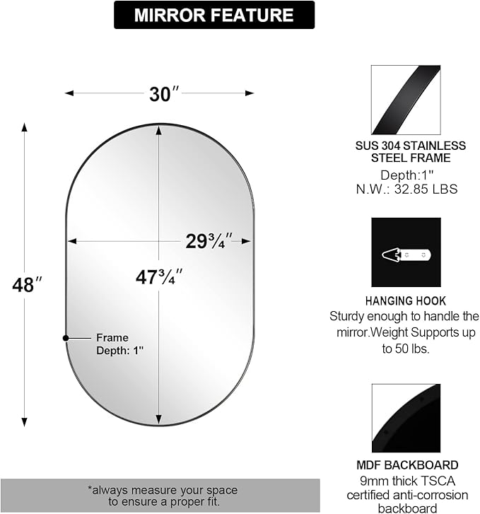 ANDY STAR Oval Bathroom Mirrors, 30x48’’ Double Vanity Mirror, Black Oval Mirrors for Bathroom, Stainless Steel Framed, 1’’ Deep Wall Mounted Vertical/Horizontal