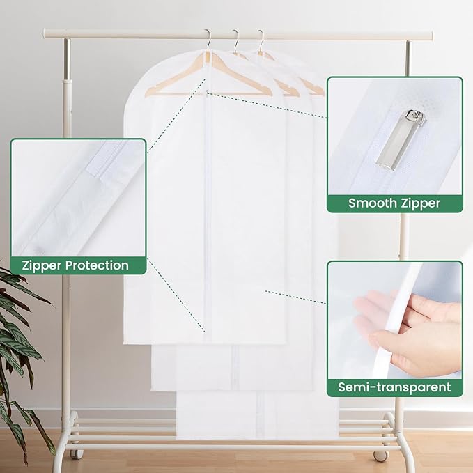 Translucent Garment Bags for Hanging Clothes - Frosted Clothes Storage Bags for Suits, Dresses, Closet Storage - 10 Pack