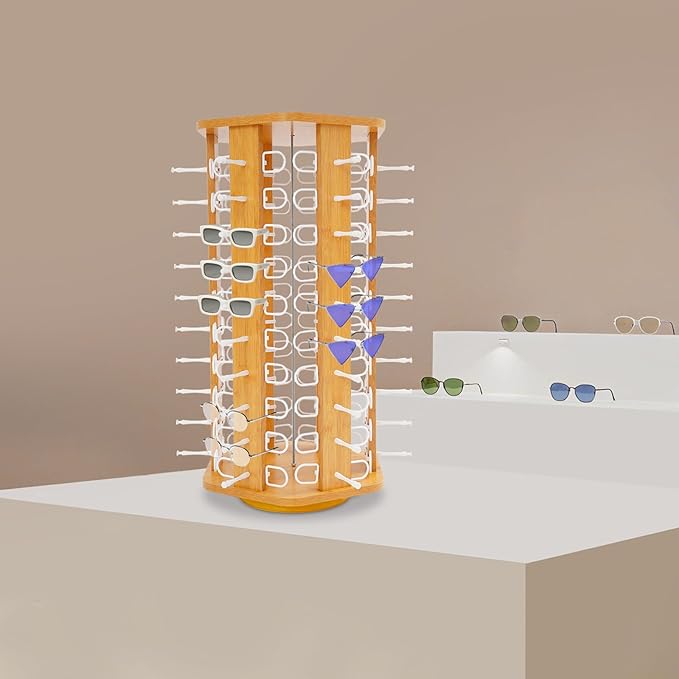 60 Pairs Glasses Rack, 360° Rotating Sunglasses Display Rack, 6-Sided Eyeglasses Storage Organizer, Eyewear Holder, Commercial Sunglasses Display Stand, Log Color