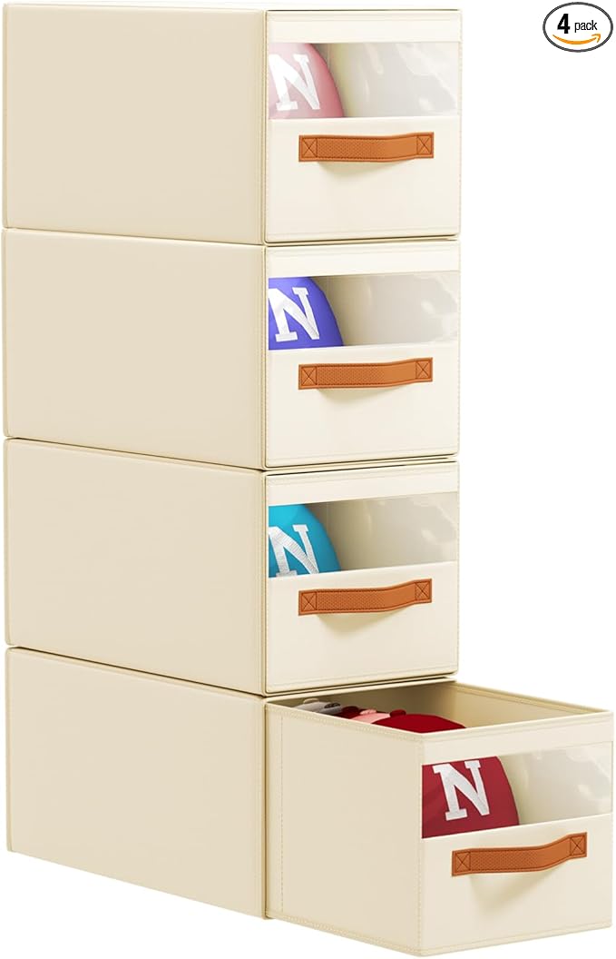 Hat Organizer for Baseball Caps - 4 Pack Pull-Out Drawer Hat Storage Organizer Box with Clear Window, Stackable Closet Cap Holder, Baseball Cap Organizer for Closet, Bedroom, Home, Beige