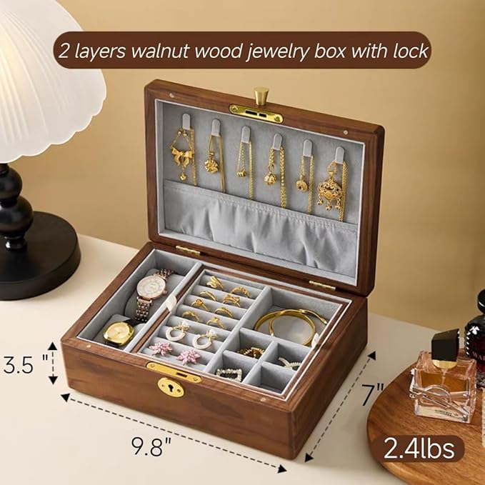Bescott 2 Layers Solid Black Walnut Wooden Jewelry Box for Women with Lock and Key Wood Vintage Organizer for Men Earrings Rings Necklaces Bracelet Storage Mother's Day Gift