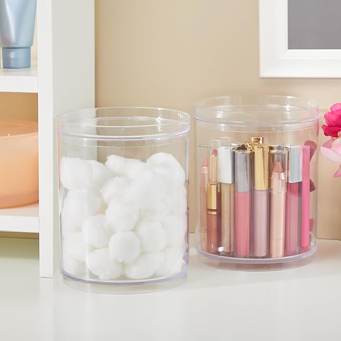 STORi Bella Tall Scrunchie Holder | Stackable Clear Plastic Container (Set of 2) Round Vanity Storage Organizers with Lids for Hair Accessories & Beauty Supplies | Made in USA