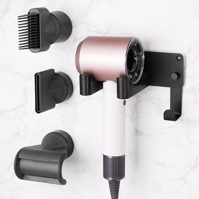Dyson Hair Dryer Holder, Wall Mounted Aluminum Alloy Hair Dryer Wall Mount for Supersonic/Nural, Dyson Blow Dryer Holder with 3 Magnetic Rings for Salon & Bathroom Black UEMUSI