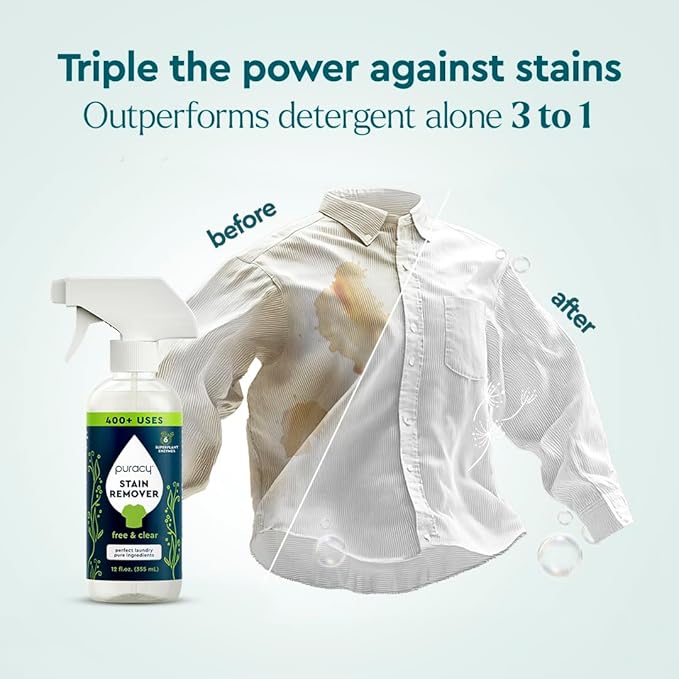 Puracy Stain Remover, Natural Travel and Laundry Stain Cleaner for Clothes, Baby Essentials, Kids Stains, Oil and Fabric Spot Cleaner, Unscented (48 fl oz, Pack of 2, and12 fl oz)
