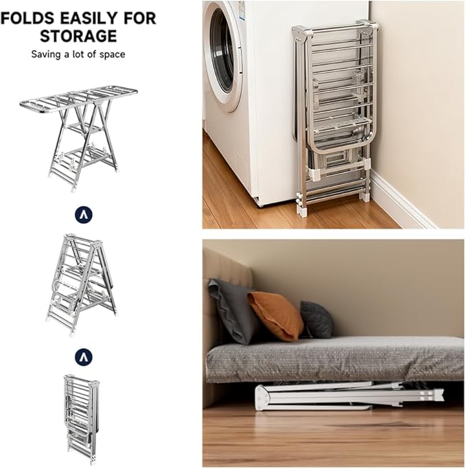 MIKEE Clothes Drying Rack,Stainless Steel Foldable Laundry Drying Rack with Height Adjustable Wings,Clothes Rack with Shoe Rack,Windproof Hanging Holes and Wheels，132 lb,Indoor Outdoor Use