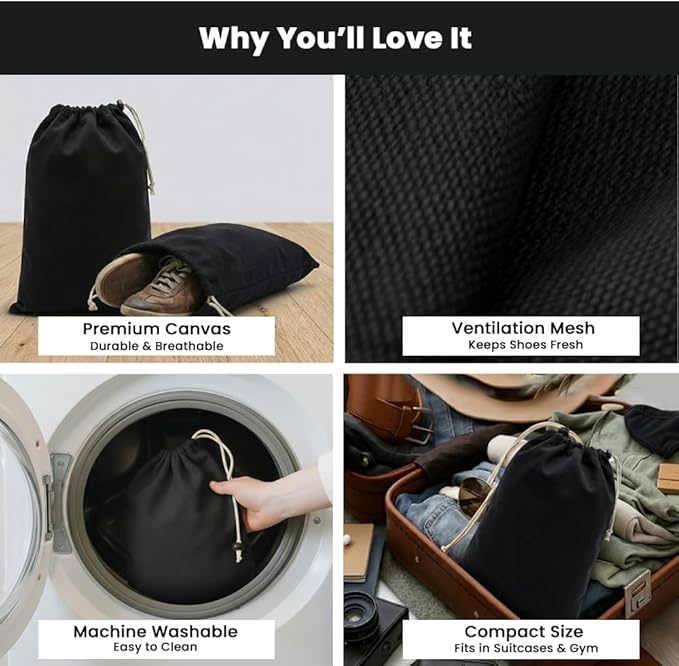 LFH Cotton Shoe Storage Bags with Drawstring, Dustproof Breathable Reusable Organizer, Perfect For Travel, Dorm, Hotel, College, Gym, Easy to Carry, Machine Washable 12"x17" (Pack of 6) - Black sand
