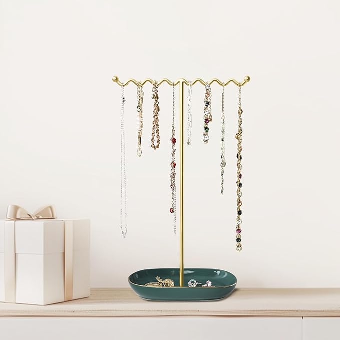 Elegant Jewelry Holder Tree Stand with Ceramic Tray - Metal Necklace Holder Organizer for Rings Bracelets Earrings - Tangle Free, Rustproof Decorative Display for Vanity Dresser Emerald Green