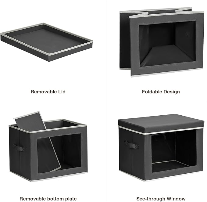 Stackable Storage Bins with Lids - Large Storage Box with Lids, Foldable Closet Boxes for Organizing, Wardrobe Clothes Organizer with Window, Cubes Bins for Living Room, 3 Pack, Dark Grey